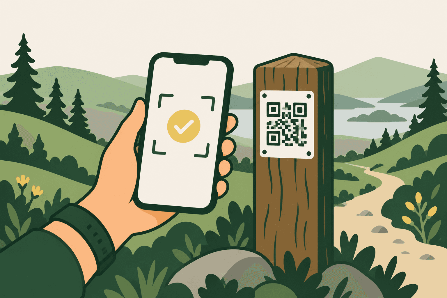 Телефон сканира QR табела на пункт сред зелени хълмове